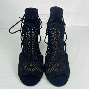 Torrid Sandals Womens 7W Black Caged Cutout Lace Up Peep Toe Heels Wide